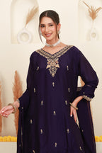 Purple embroidered flared skirt set for women with antique-gold detailing and sheer dupatta