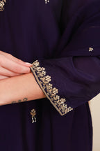 Purple embroidered flared skirt set for women with antique-gold detailing and sheer dupatta