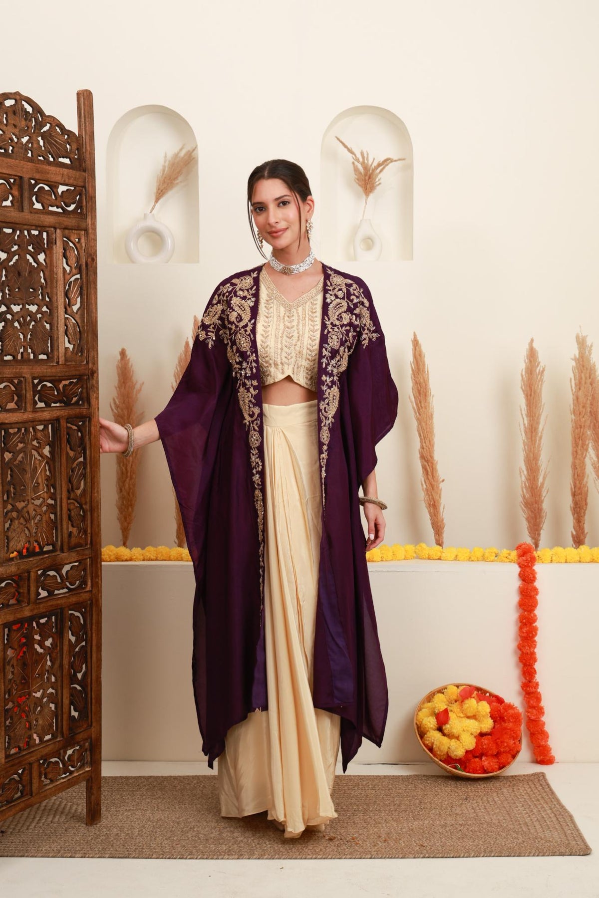 Purple and ivory embroidered skirt set for women with top and shrug