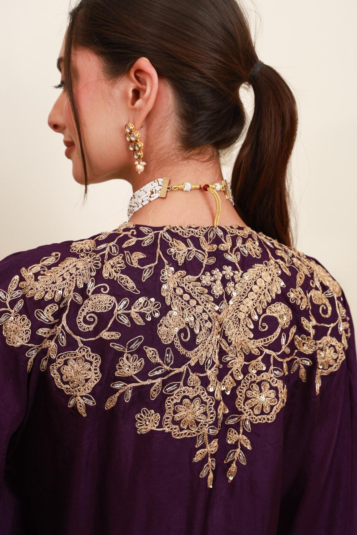 Purple and Ivory Embroidered Top, Skirt & Shrug Set