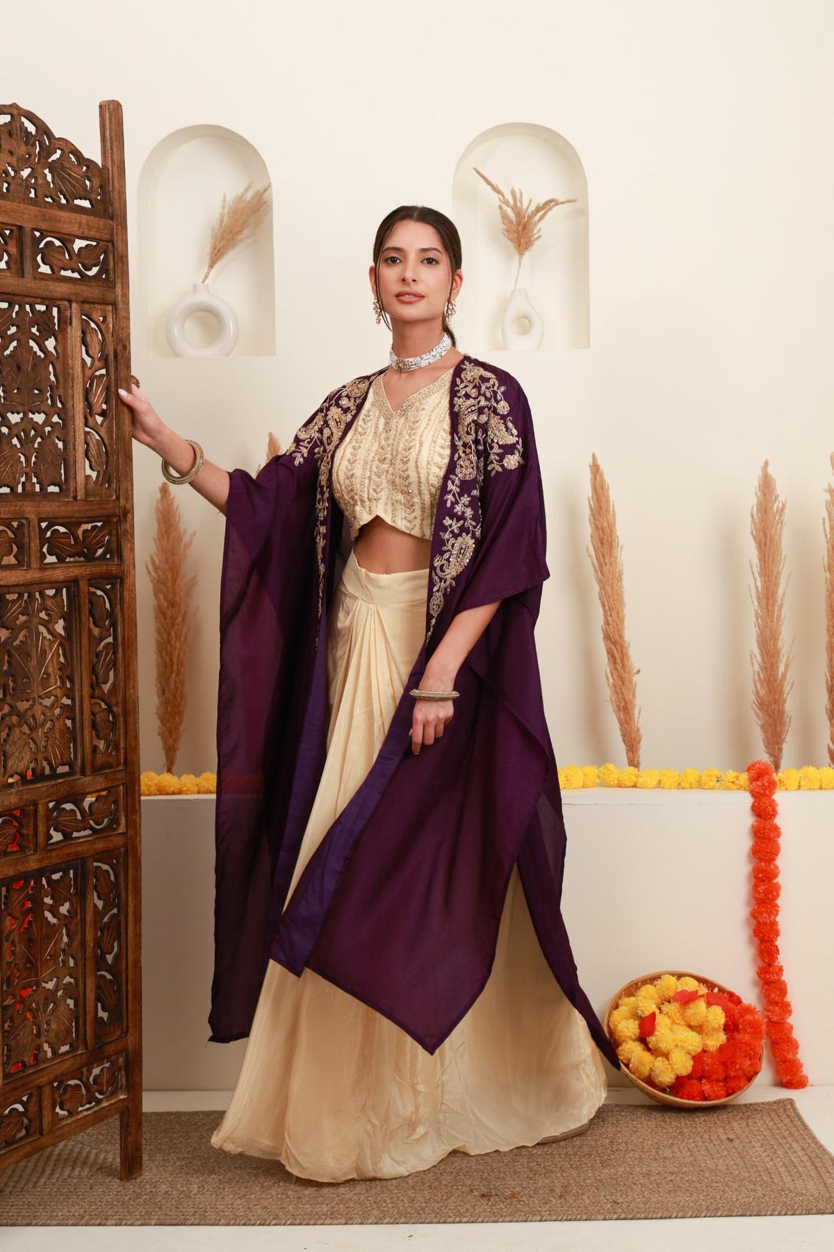 Purple and Ivory Embroidered Top, Skirt & Shrug Set