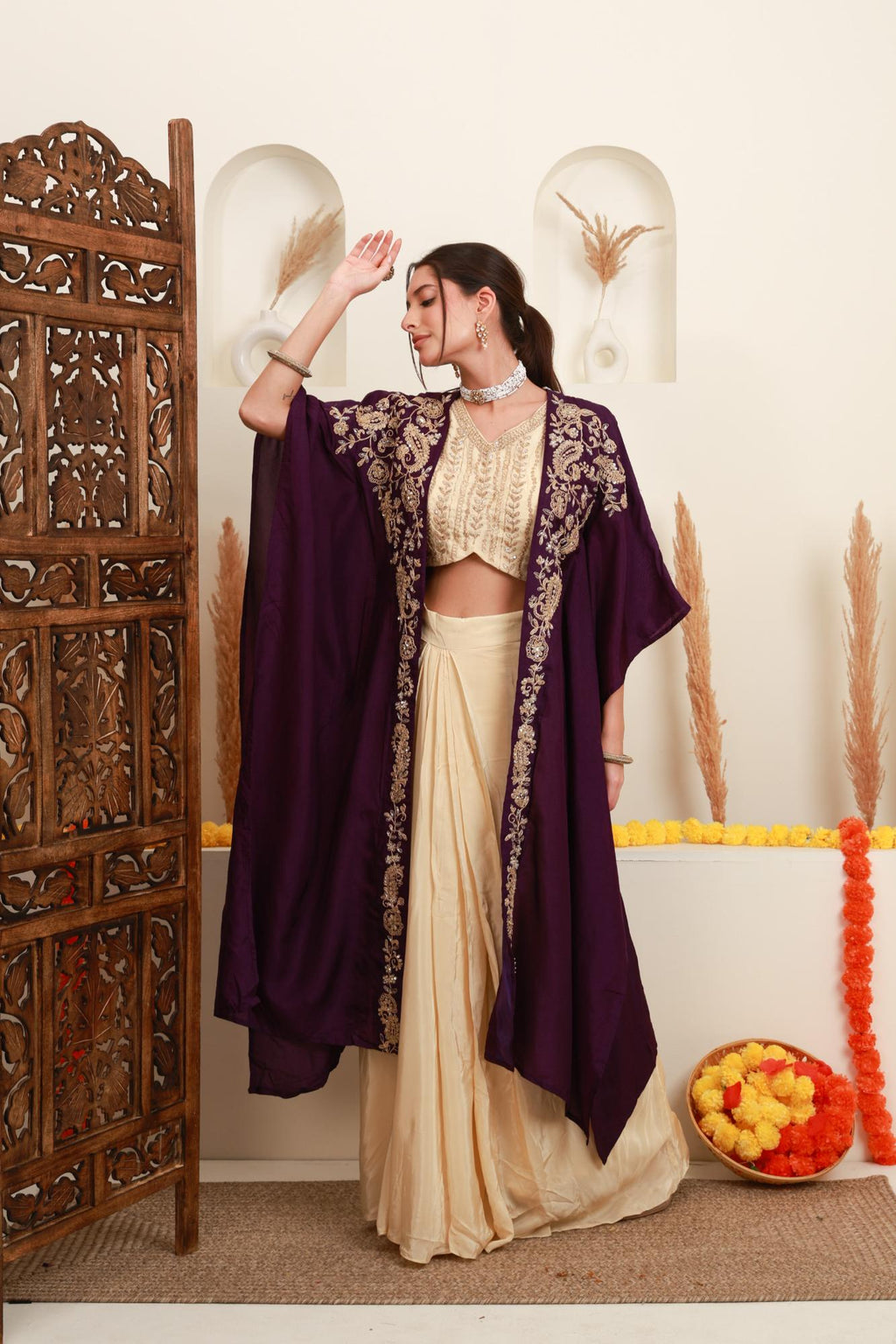 Purple and Ivory Embroidered Top, Skirt & Shrug Set