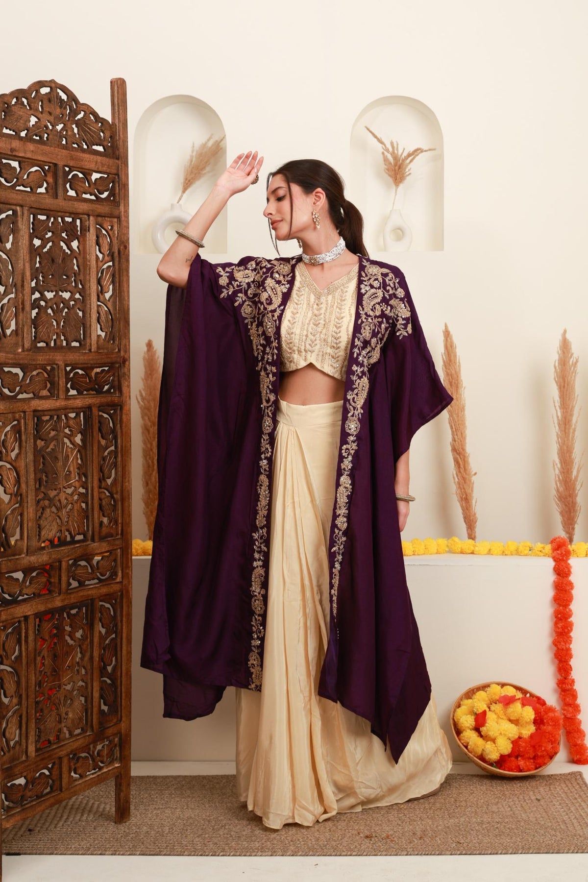 Purple and Ivory Embroidered Top, Skirt & Shrug Set