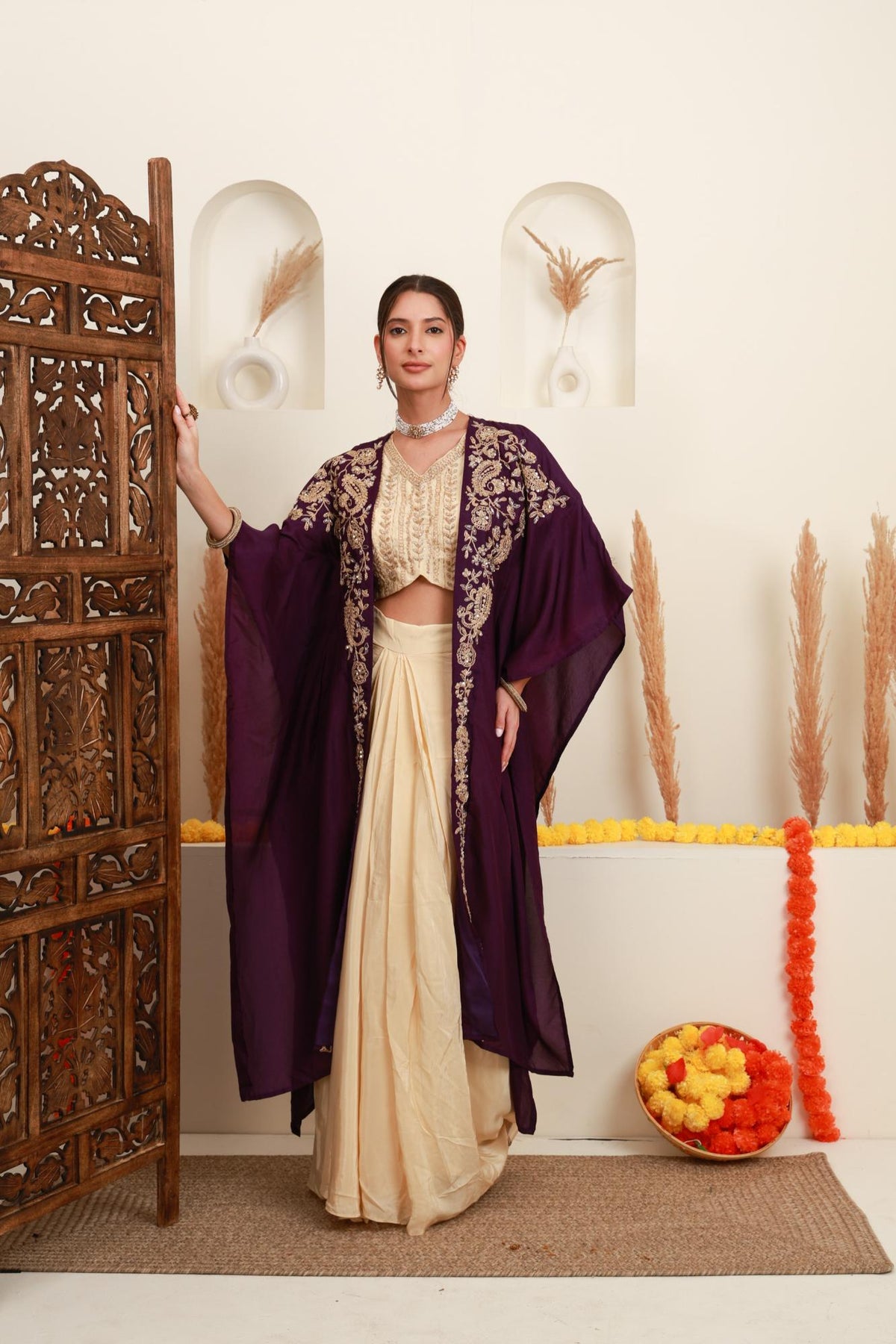 Purple and Ivory Embroidered Top, Skirt & Shrug Set