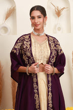 Purple and Ivory Embroidered Top, Skirt & Shrug Set