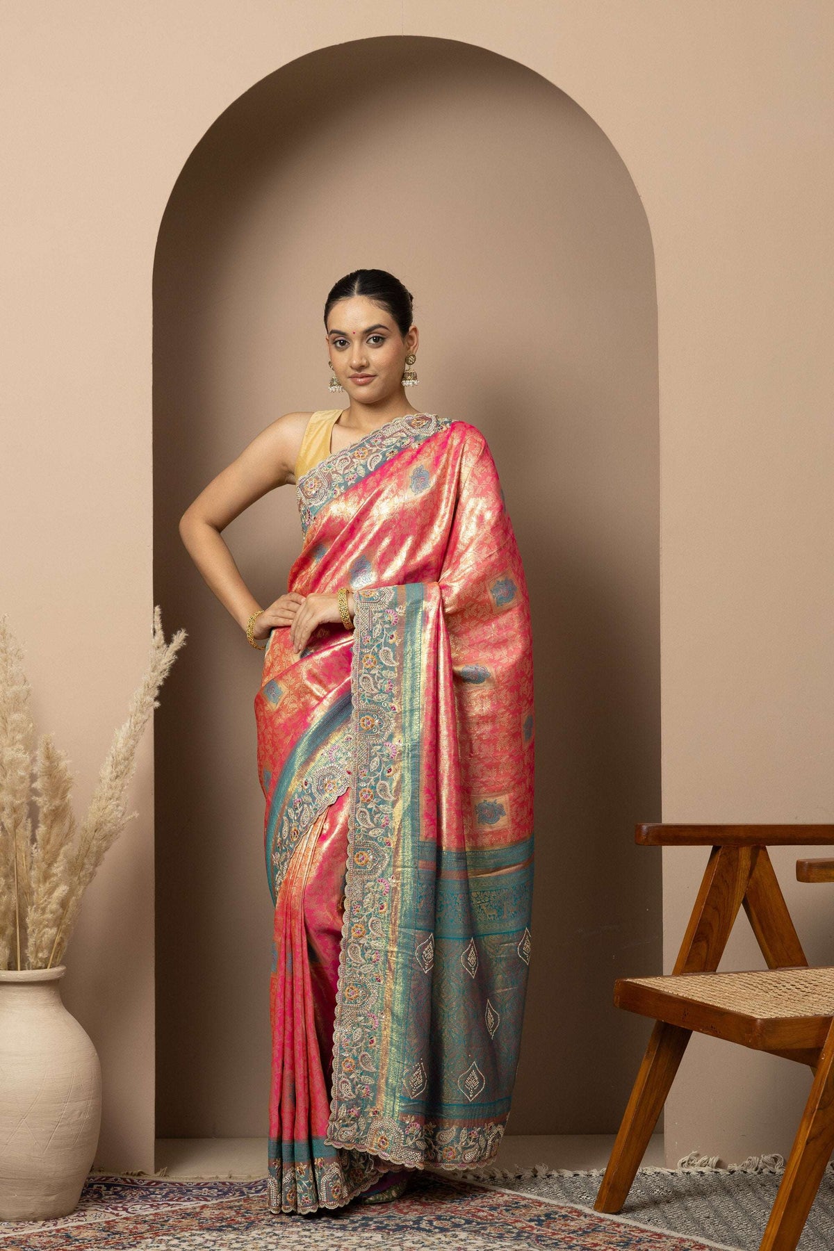 Rani Pink Saree with Teal & Gold Statement Accents Full