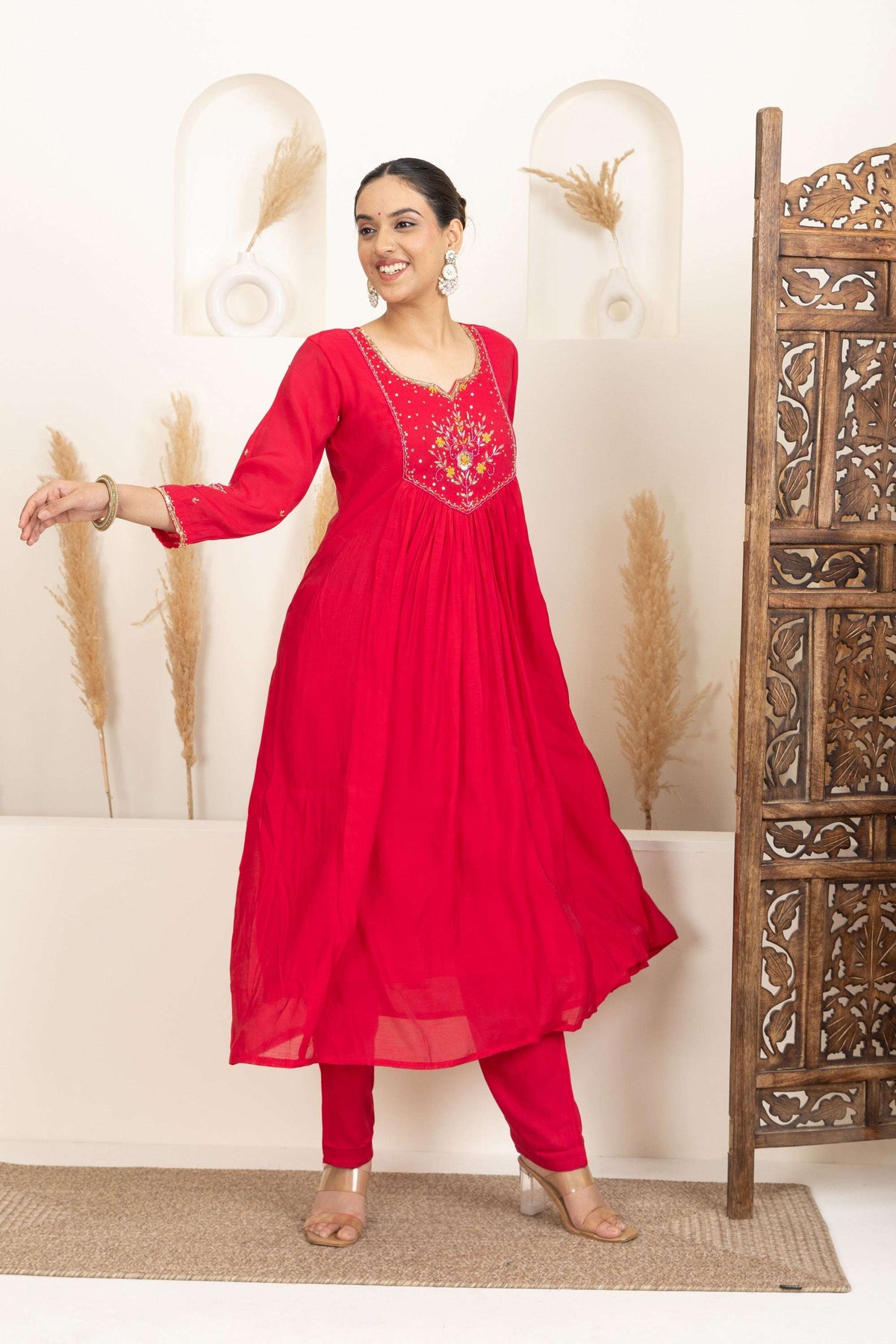 Red Anarkali Suit Set with Embroidered Detailing Design