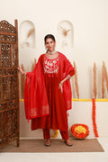 Red embroidered Anarkali suit set for women with striped dupatta