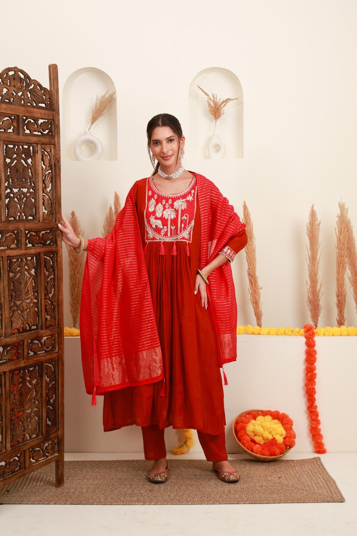 Red embroidered Anarkali suit set for women with striped dupatta