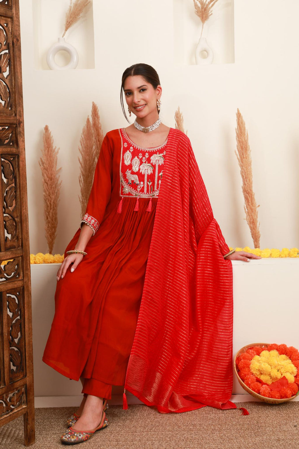 Red Embroidered Anarkali Suit Set with Dupatta
