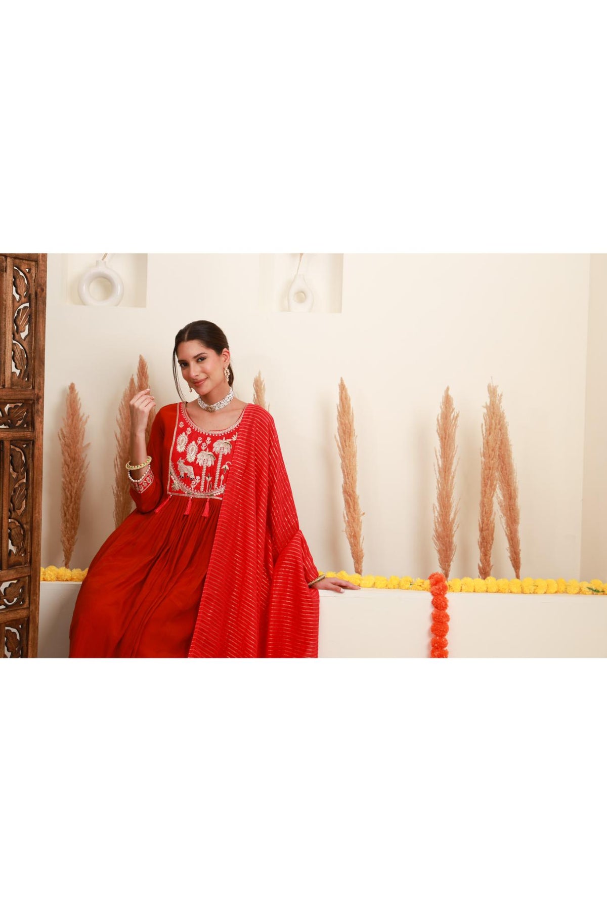 Red Embroidered Anarkali Suit Set with Dupatta