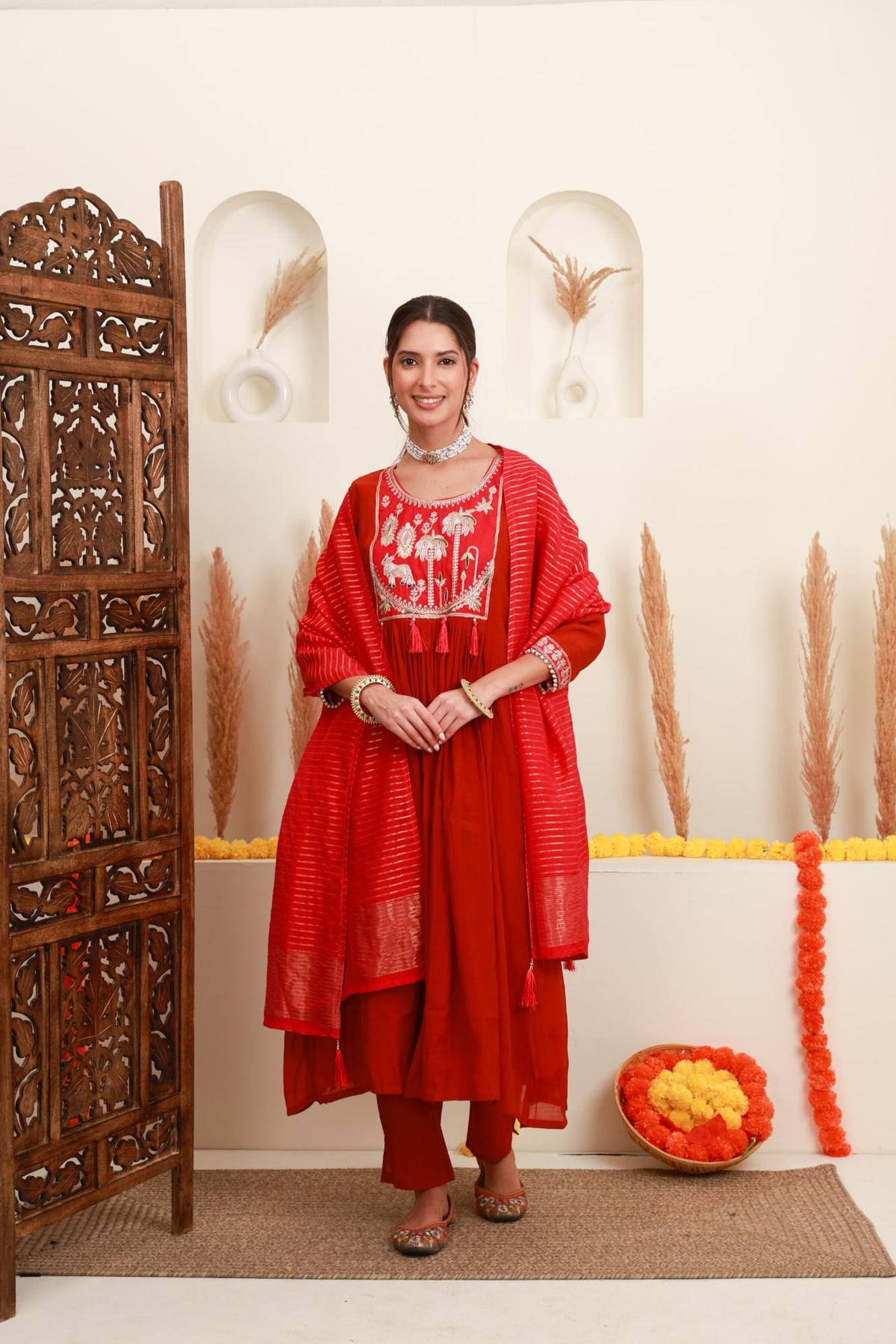 Red Embroidered Anarkali Suit Set with Dupatta