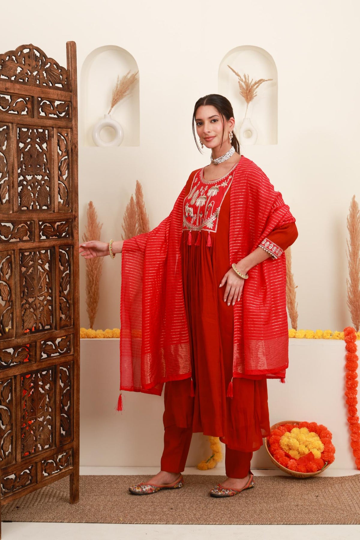 Red Embroidered Anarkali Suit Set with Dupatta
