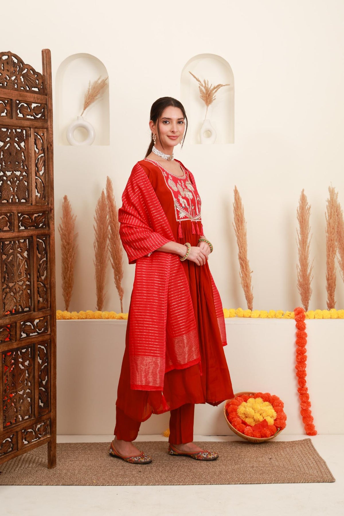 Red Embroidered Anarkali Suit Set with Dupatta