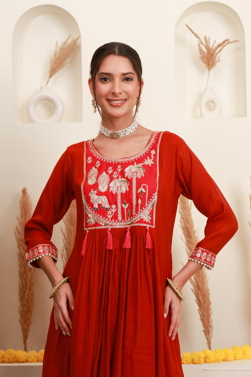 Red Embroidered Anarkali Suit Set with Dupatta