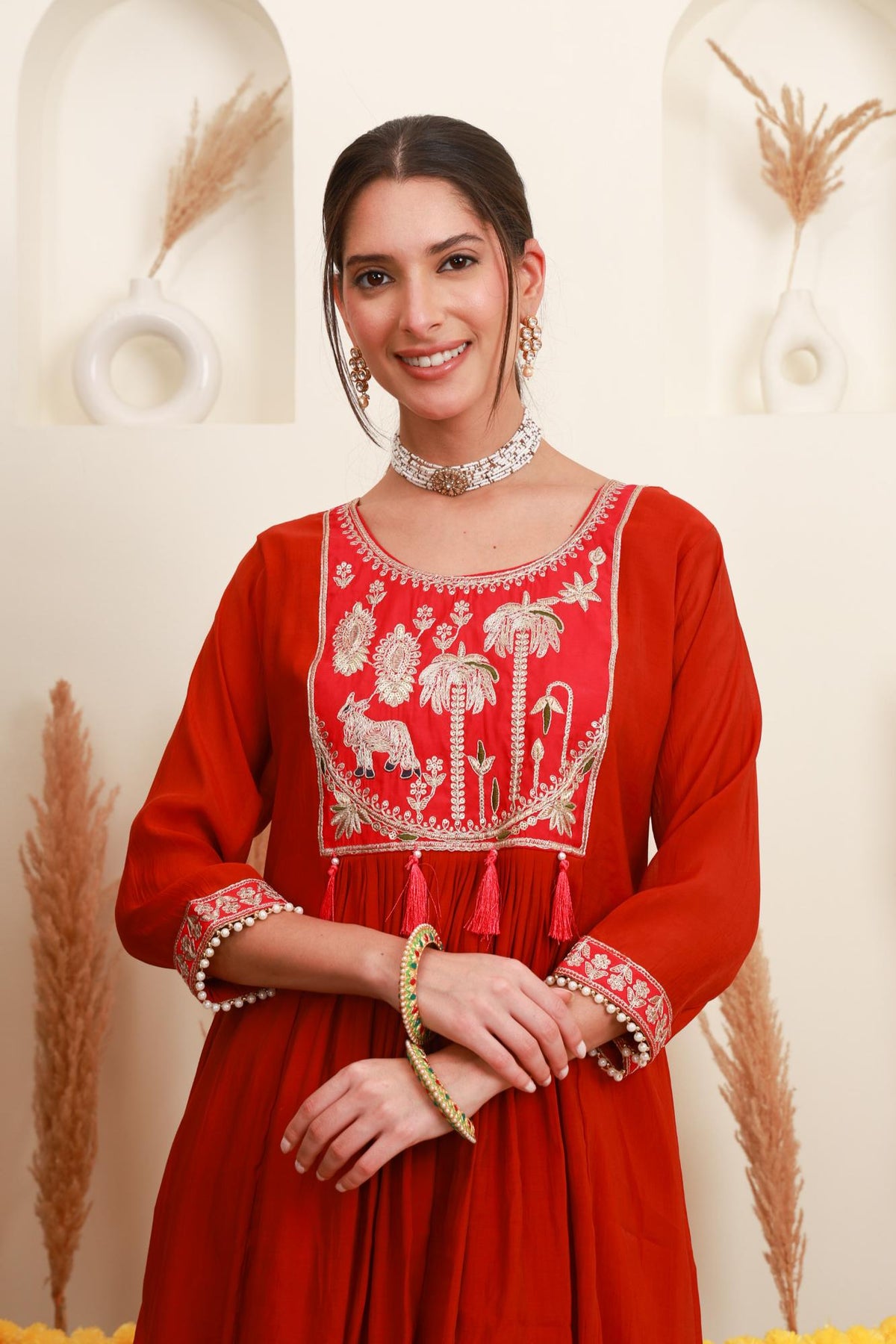 Red Embroidered Anarkali Suit Set with Dupatta