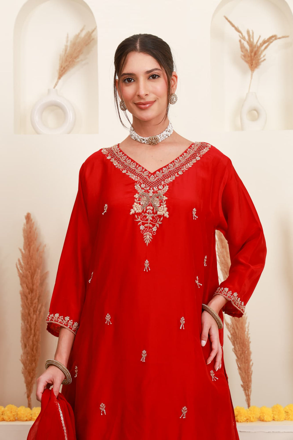 Red embroidered flared skirt set with antique-gold detailing and sheer dupatta10