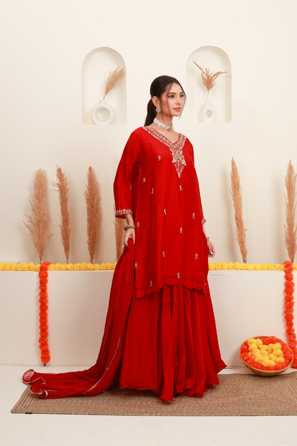 Red embroidered flared skirt set with antique-gold detailing and sheer dupatta11