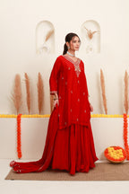 Red embroidered flared skirt set with antique-gold detailing and sheer dupatta11