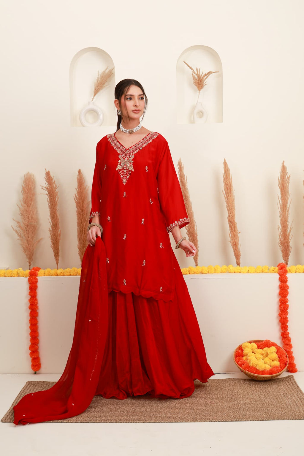 Red embroidered flared skirt set with antique-gold detailing and sheer dupatta3