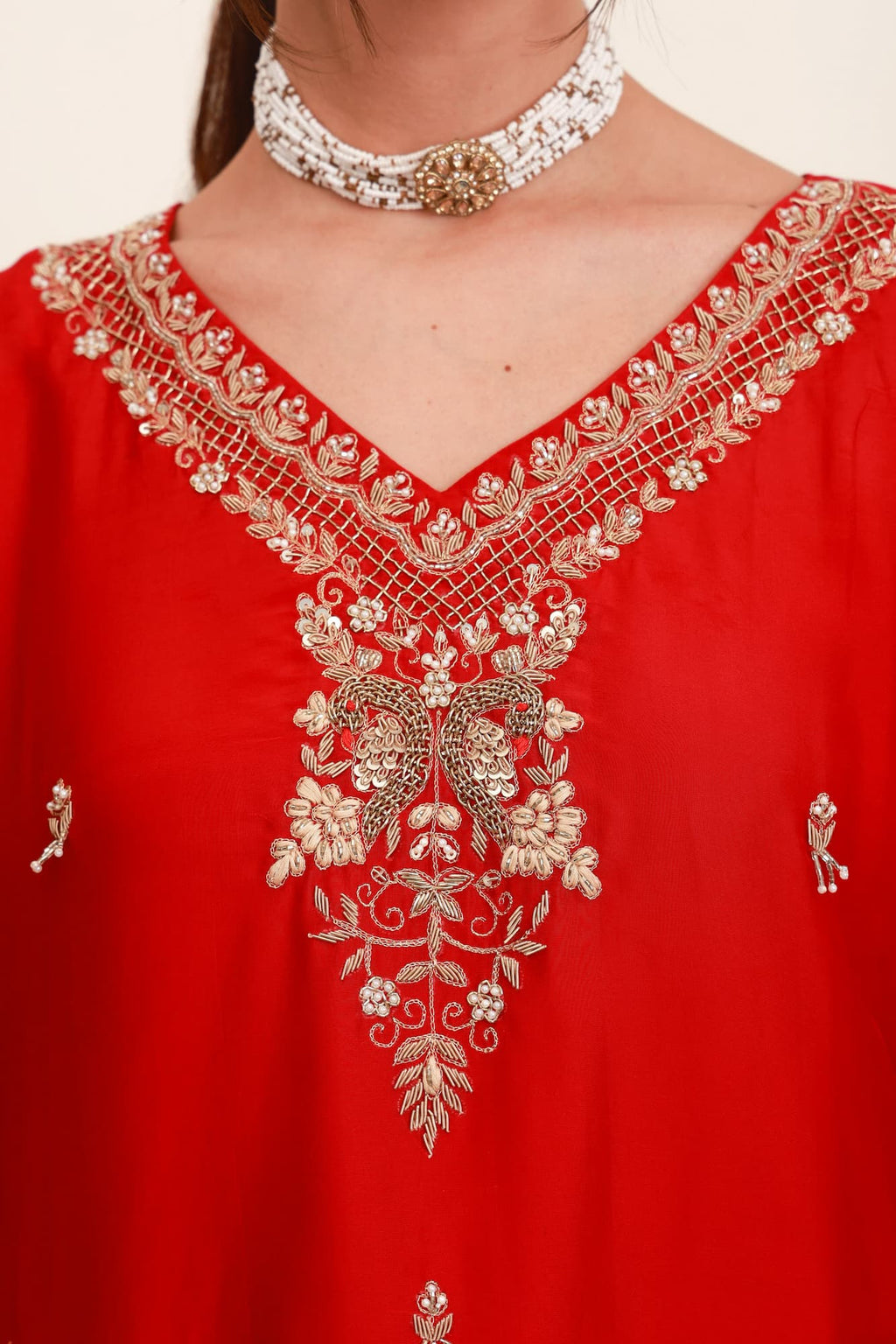 Red embroidered flared skirt set with antique-gold detailing and sheer dupatta4