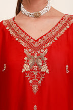 Red embroidered flared skirt set with antique-gold detailing and sheer dupatta4
