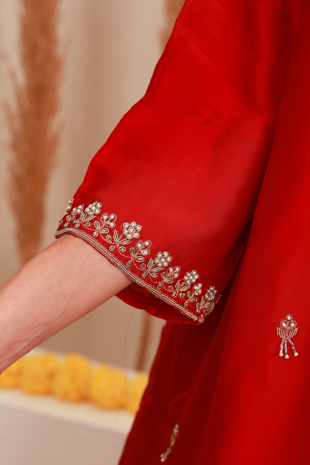 Red embroidered flared skirt set with antique-gold detailing and sheer dupatta5