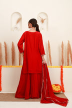 Red embroidered flared skirt set with antique-gold detailing and sheer dupatta6