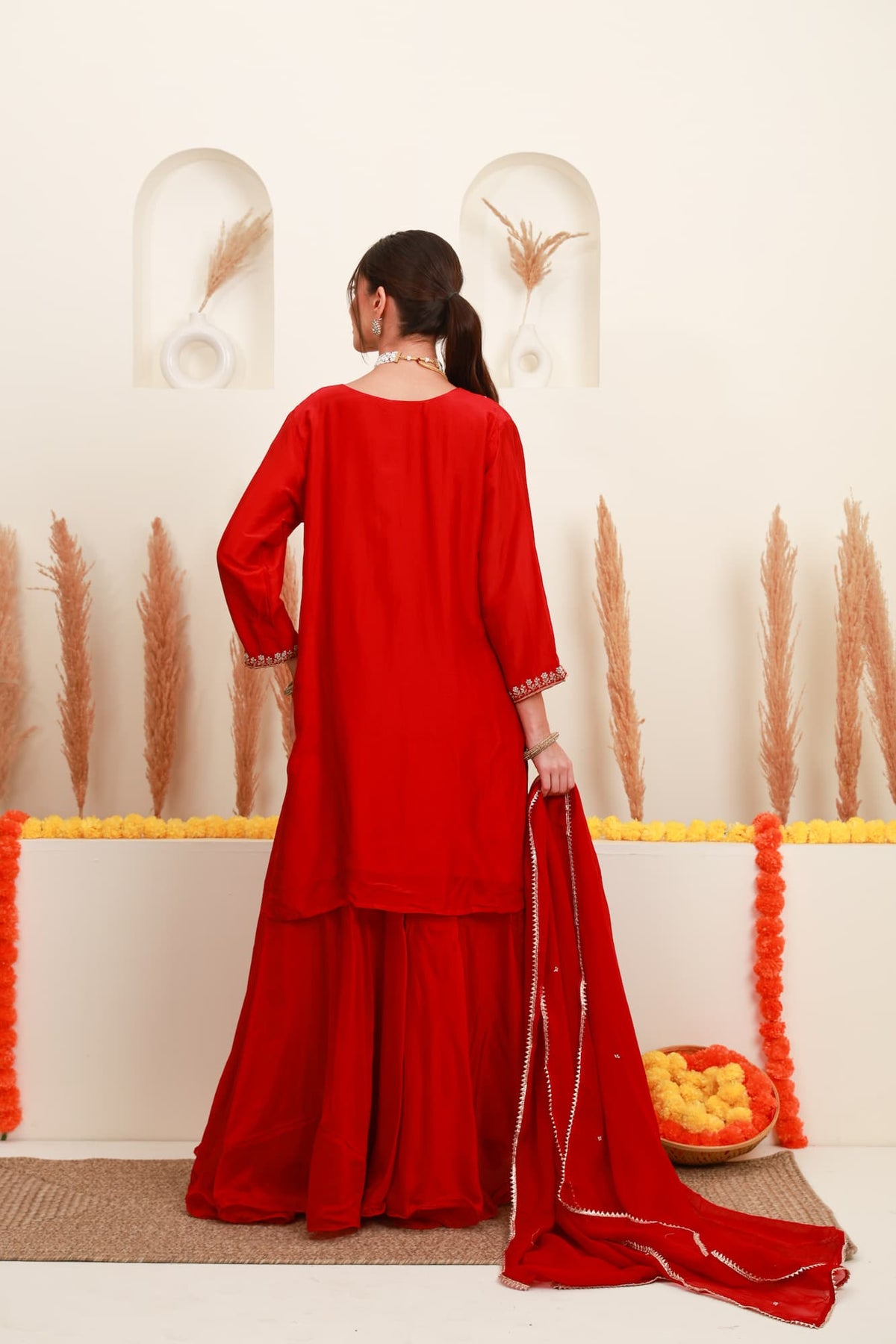 Red embroidered flared skirt set with antique-gold detailing and sheer dupatta6