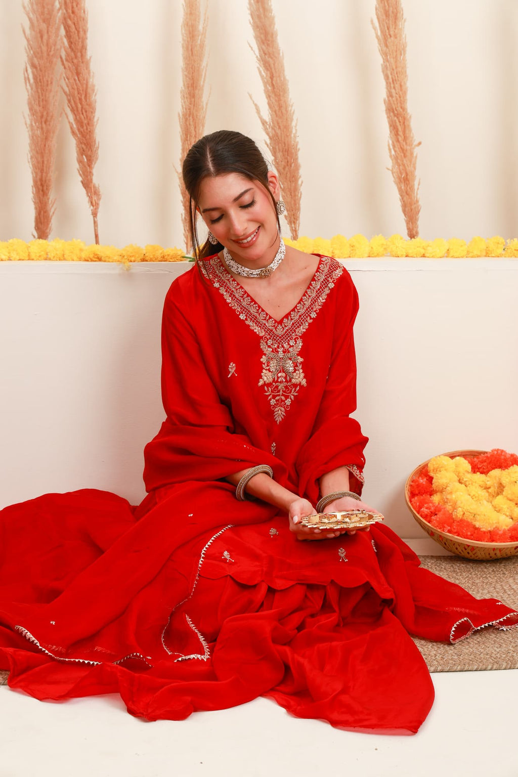 Red embroidered flared skirt set with antique-gold detailing and sheer dupatta7