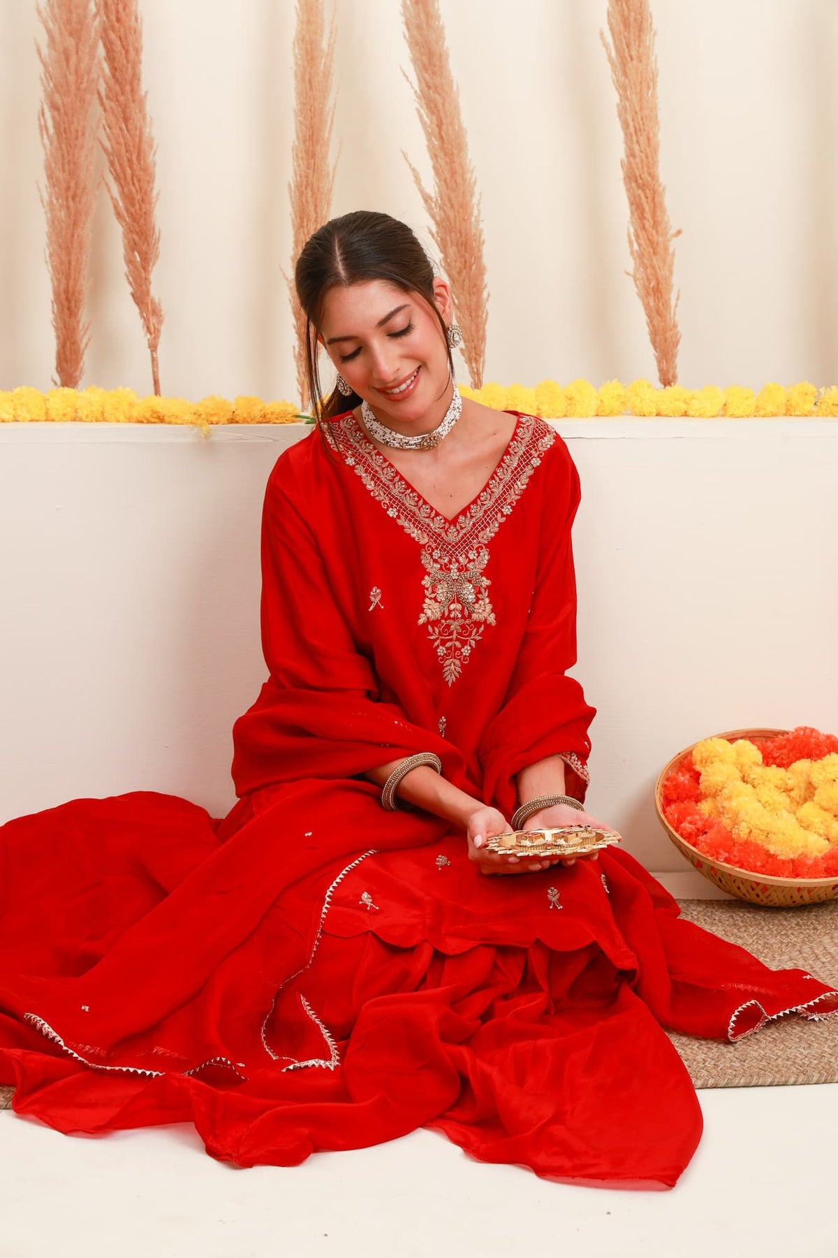 Red embroidered flared skirt set with antique-gold detailing and sheer dupatta7