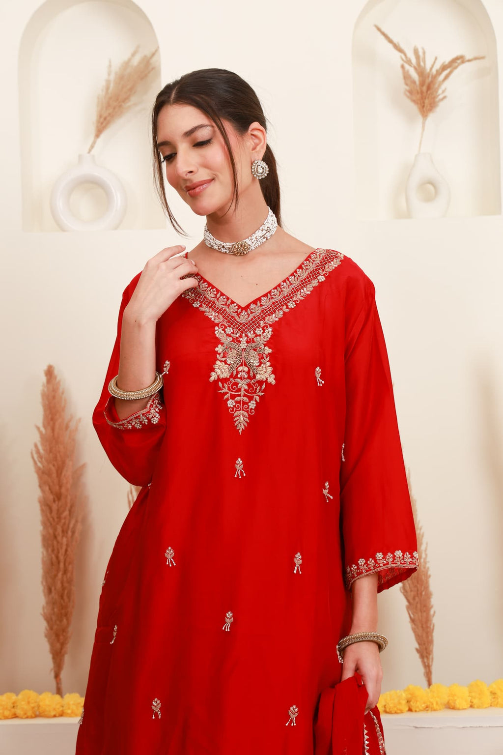Red embroidered flared skirt set with antique-gold detailing and sheer dupatta8