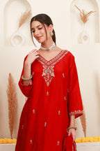 Red embroidered flared skirt set with antique-gold detailing and sheer dupatta8