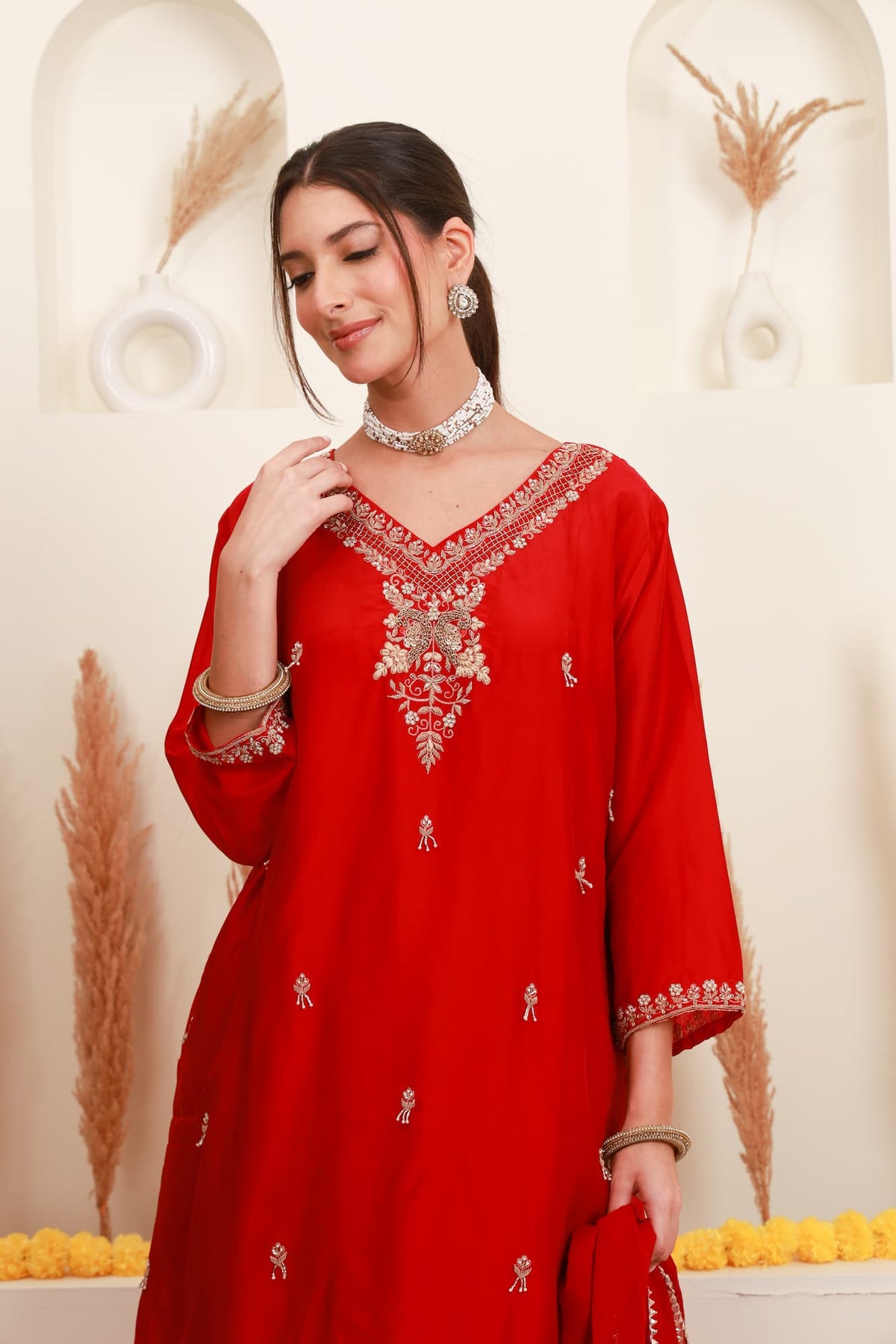 Red embroidered flared skirt set with antique-gold detailing and sheer dupatta8