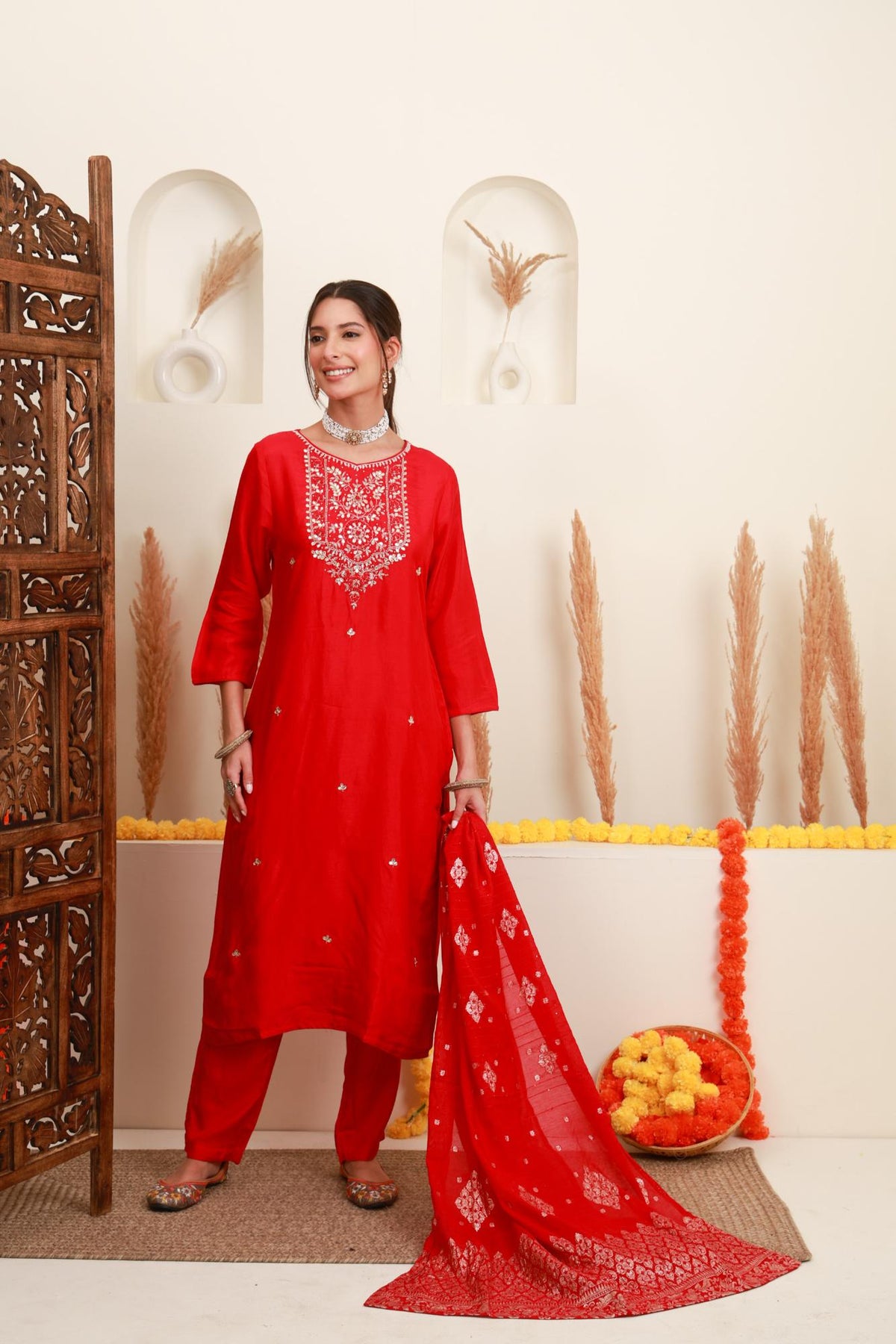 Red floral embroidered kurta set for women with statement dupatta