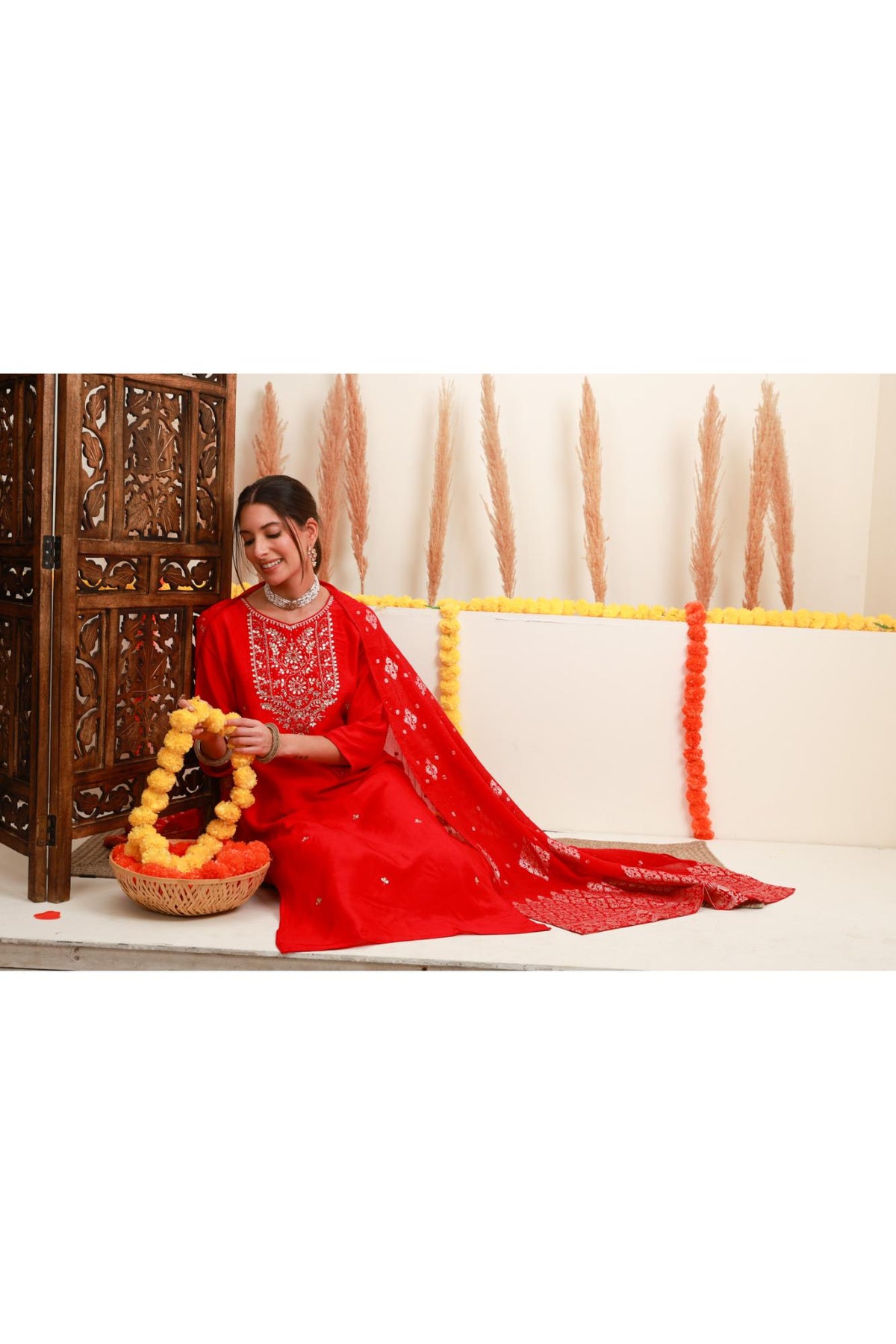 Red Floral Embroidered Kurta Set with Dupatta