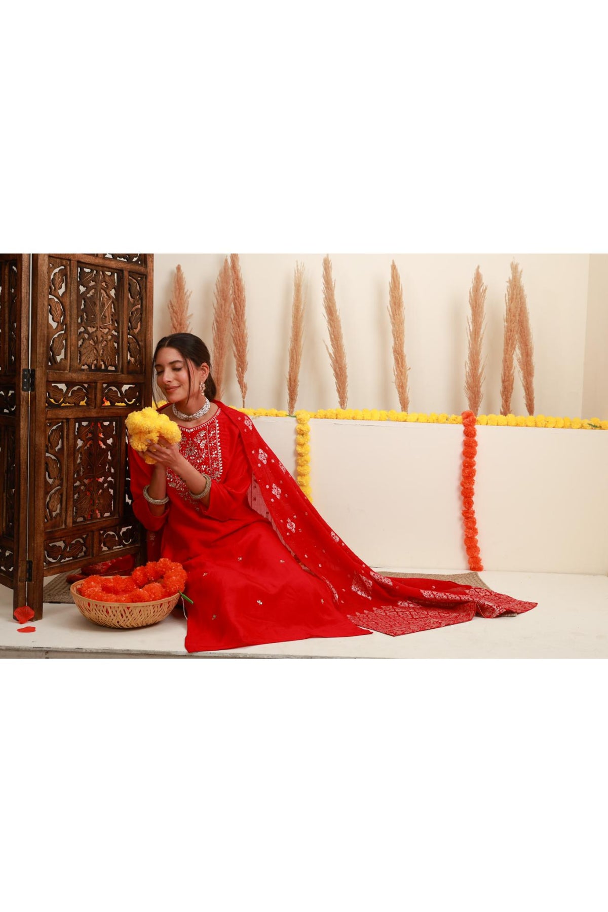 Red Floral Embroidered Kurta Set with Dupatta