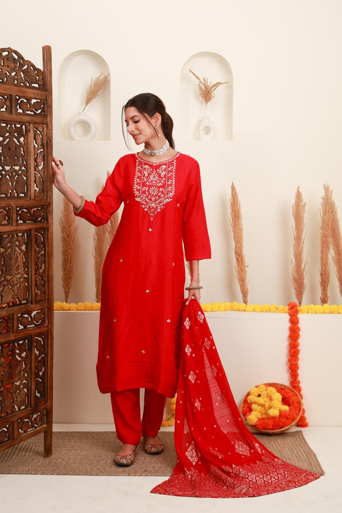Red Floral Embroidered Kurta Set with Dupatta