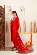 Red Floral Embroidered Kurta Set with Dupatta