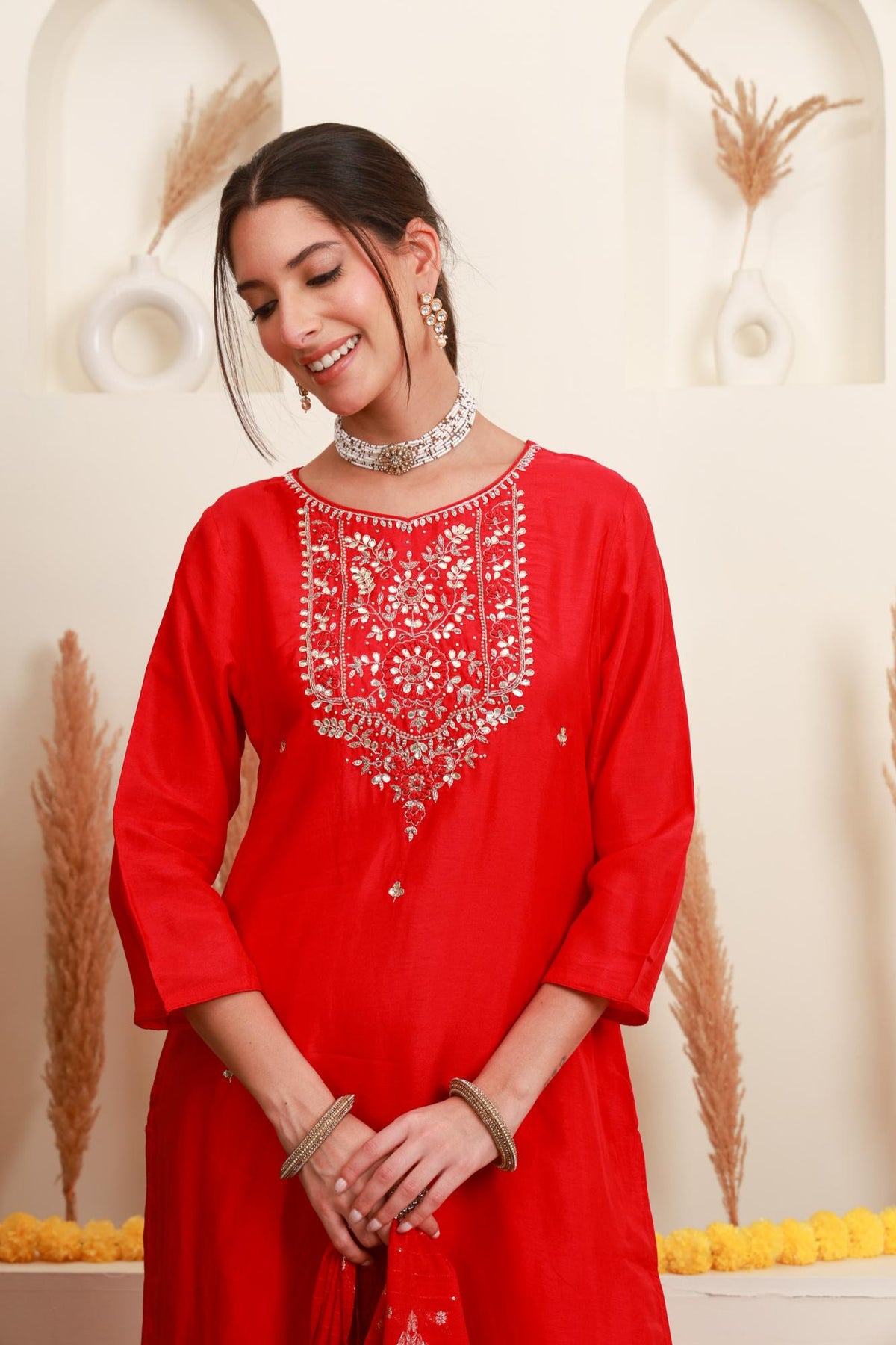 Red Floral Embroidered Kurta Set with Dupatta