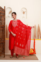 Red Floral Embroidered Kurta Set with Dupatta