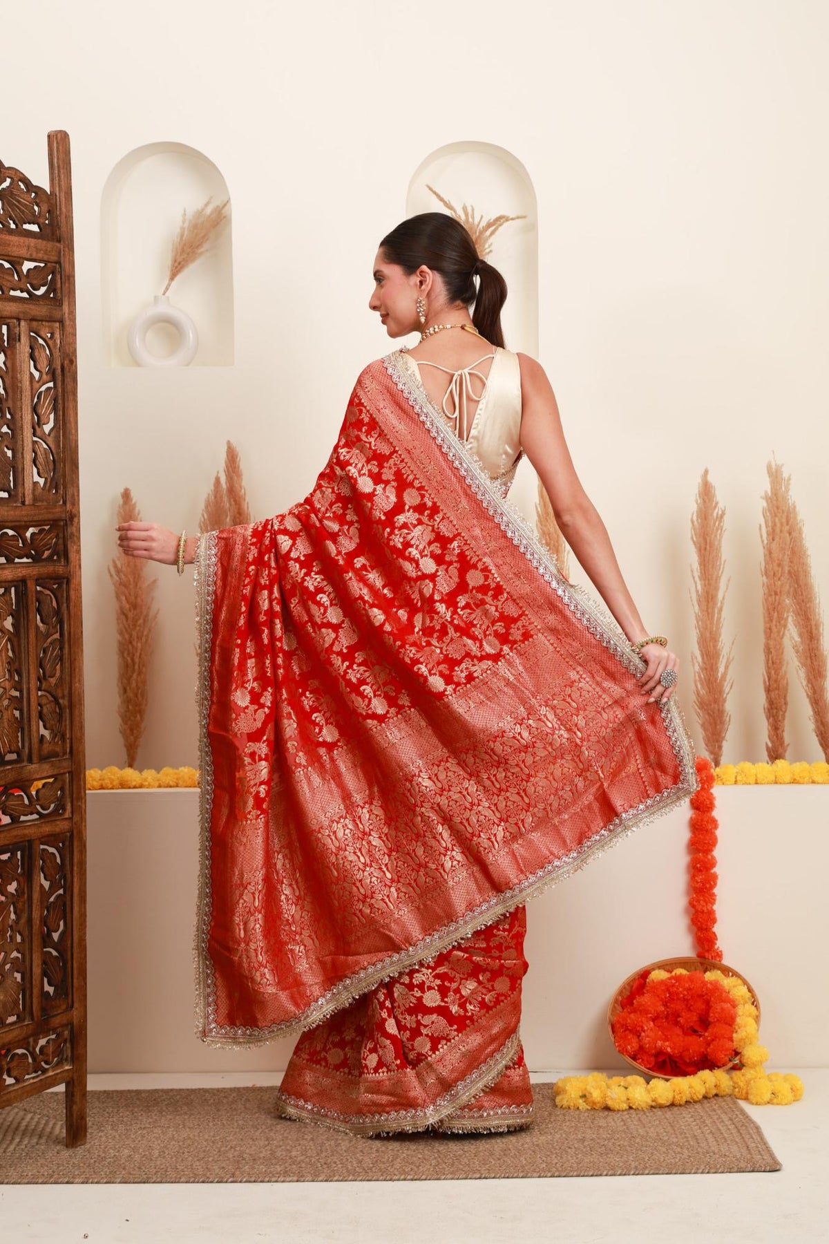 Red Gold Floral Banarasi-Style Saree