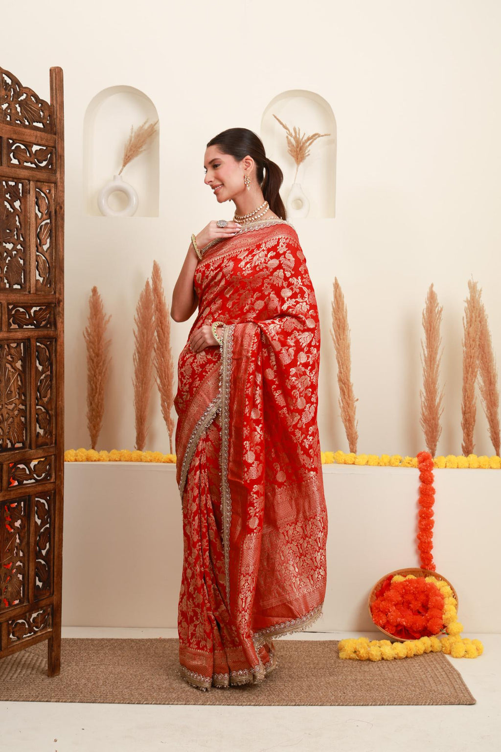 Red Gold Floral Banarasi-Style Saree