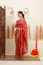 Red Gold Floral Banarasi-Style Saree