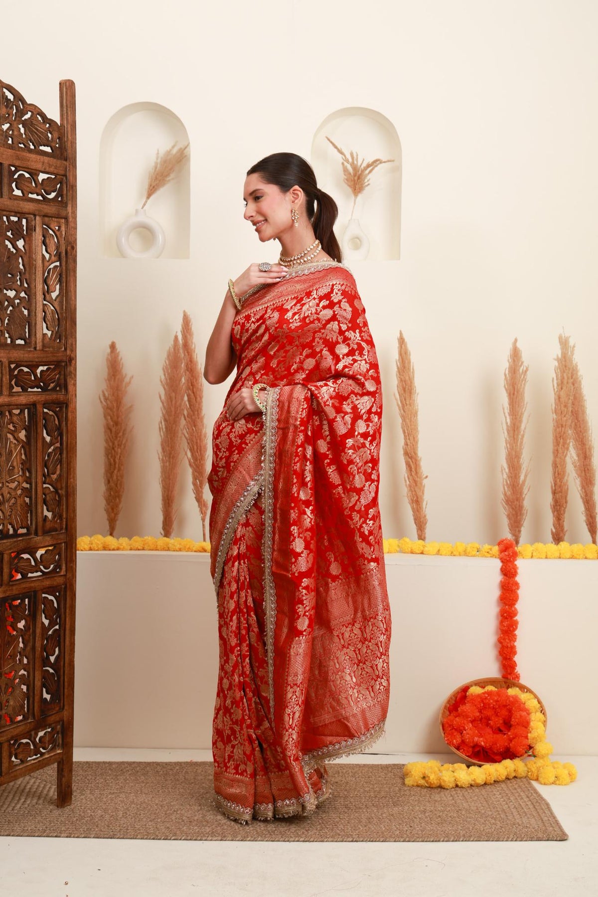 Red Gold Floral Banarasi-Style Saree