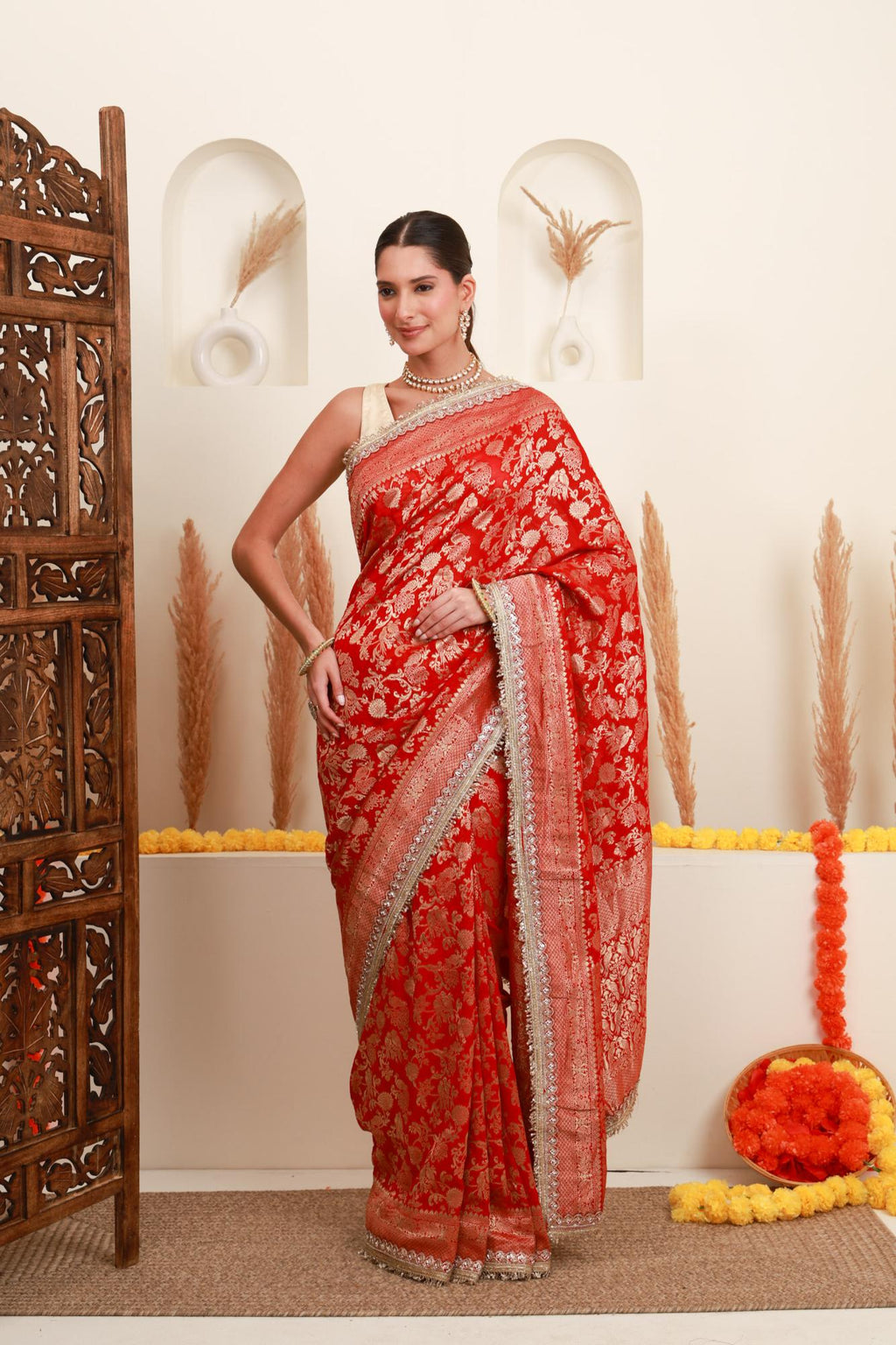 Red Gold Floral Banarasi-Style Saree