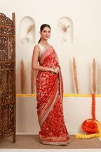 Red Gold Floral Banarasi-Style Saree