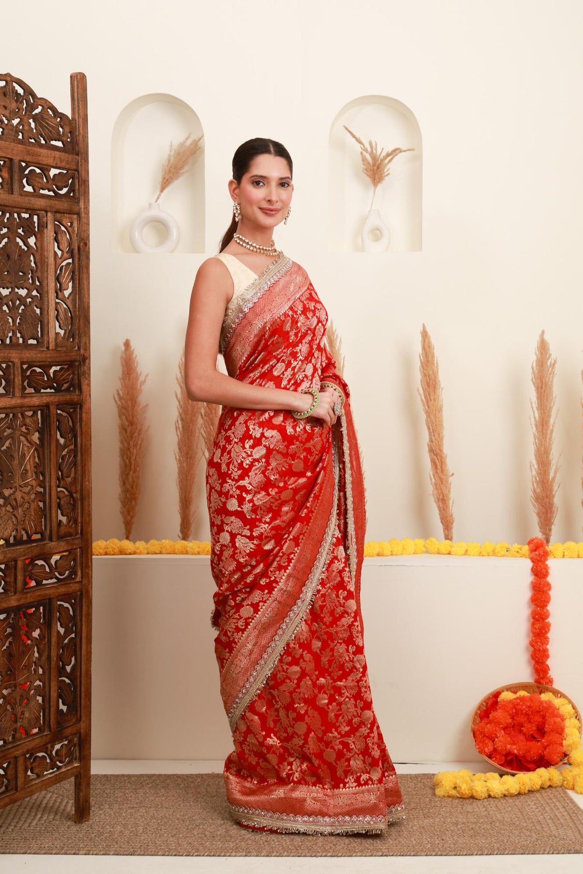 Red Gold Floral Banarasi-Style Saree