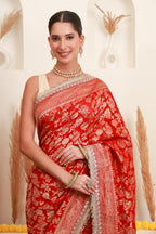 Red Gold Floral Banarasi-Style Saree