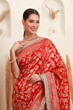 Red Gold Floral Banarasi-Style Saree